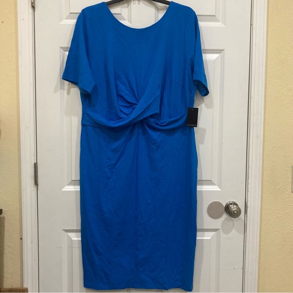 Eloquii Sz 24 NWT electric blue basic fitted stretch sheath twist front dress - Picture 3 of 10